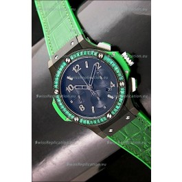 Hublot Big Bang All Black Edition in Green Strap and Baguette Diamonds Bezel