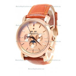 Vacheron Constantin Malte Perpetual Chronograph Japanese Replica Watch in Brown Strap