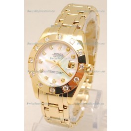 Rolex Datejust Pearlmaster Japanese Replica Gold Watch in White Pearl Dial -34MM