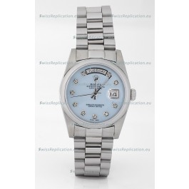 Rolex Day Date Silver Japanese Replica Watch in Mother Of Pearl Blue Dial