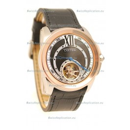 Calibre de Cartier Flying Tourbillon Japanese Replica Rose Gold Watch in Black Dial