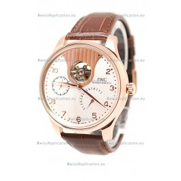 IWC Portuguese Tourbillon Mystere Japanese Replica Rose Gold Watch in White Dial
