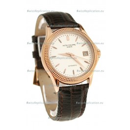 Patek Philippe Geneve Replica Pink Gold Watch in White Dial 