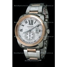 Cartier Calibre de Japanese Replica Rose Gold Watch in White Dial