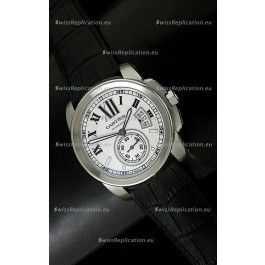 Cartier Calibre de Japanese Replica Steel Watch in Black Leather Strap