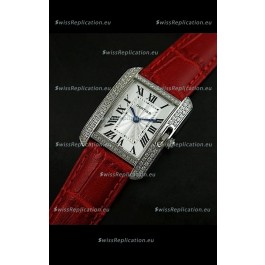 Cartier Louis Japanese Replica Ladies Diamond Watch in Red Strap