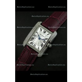 Cartier Louis Japanese Replica Ladies Diamond Watch in Brown Strap