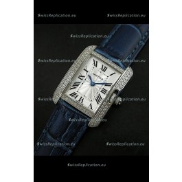 Cartier Louis Japanese Replica Ladies Diamond Watch in Blue Strap