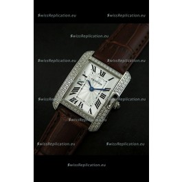 Cartier Louis Japanese Replica Ladies Diamond Watch in Brown Strap
