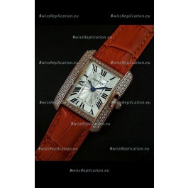 Cartier Louis Japanese Replica Ladies Rose Gold Diamond Watch in Orange Strap