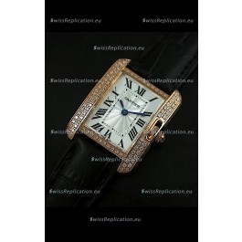 Cartier Louis Japanese Replica Ladies Rose Gold Diamond Watch in Black Strap