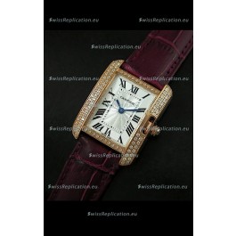 Cartier Louis Japanese Replica Ladies Rose Gold Diamond Watch in Purple Strap