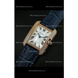 Cartier Louis Japanese Replica Ladies Rose Gold Diamond Watch in Blue Strap