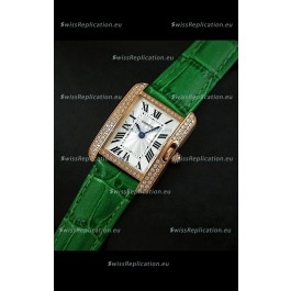 Cartier Louis Japanese Replica Ladies Rose Gold Diamond Watch in Green Strap