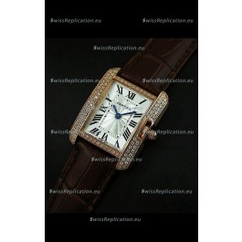 Cartier Louis Japanese Replica Ladies Rose Gold Diamond Watch in Brown Strap