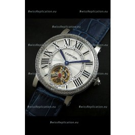 Cartier Ronde de Tourbillon Japanese Replica Diamond Watch in Blue Strap