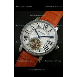 Cartier Ronde de Tourbillon Japanese Replica Diamond Watch in Brown Strap