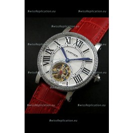 Cartier Ronde de Tourbillon Japanese Replica Diamond Watch in Red Strap