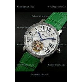 Cartier Ronde de Tourbillon Japanese Replica Diamond Watch in Green Strap
