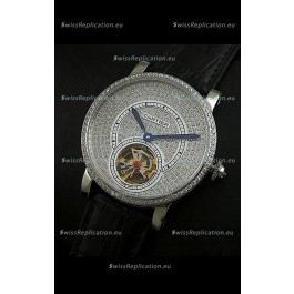 Cartier Ronde de Tourbillon Japanese Replica Diamond Watch in Black Strap