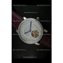 Cartier Ronde de Tourbillon Japanese Replica Diamond Watch in Purple Strap