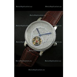 Cartier Ronde de Tourbillon Japanese Replica Diamond Watch in Brown Strap