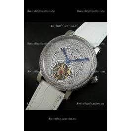 Cartier Ronde de Tourbillon Japanese Replica Diamond Watch in White Strap