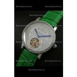 Cartier Ronde de Tourbillon Japanese Replica Diamond Watch in Green Strap