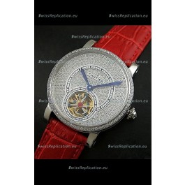 Cartier Ronde de Tourbillon Japanese Replica Diamond Watch in Red Strap