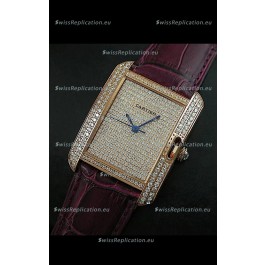 Cartier Tank Anglaise Ladies Replica Watch in Gold Case/Maroon Strap