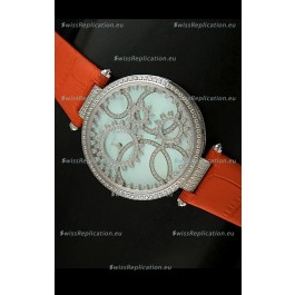 Cartier Replica Watch with Diamonds Embedded Dial Bezel in Steel Case/Orange Strap