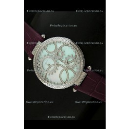 Cartier Replica Watch with Diamonds Embedded Dial Bezel in Steel Case/Maroon Strap