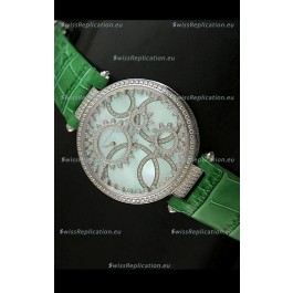 Cartier Replica Watch with Diamonds Embedded Dial Bezel in Steel Case/Green Strap