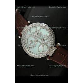 Cartier Replica Watch with Diamonds Embedded Dial Bezel in Steel Case/Brown Strap