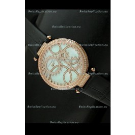 Cartier Replica Watch with Diamonds Embedded Dial Bezel in Gold Case/Black Strap