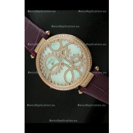 Cartier Replica Watch with Diamonds Embedded Dial Bezel in Gold Case/Maroon Strap