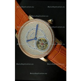 Ronde De Cartier Tourbillon Replica Watch Pink Gold Case - Brown Strap