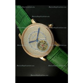 Ronde De Cartier Tourbillon Replica Watch Pink Gold Case - Green Strap