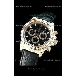 Rolex Daytona Cosmograph Swiss Replica Gold Watch in Black Leather Strap