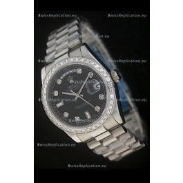 Rolex Day Date Just Japanese Replica Black Watch in Full Diamond Bezel