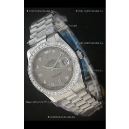 Rolex Day Date Just Japanese Replica Grey Watch in Full Diamond Bezel