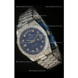 Rolex Day Date Just swiss Replica Blue Watch in Full Diamond Bezel
