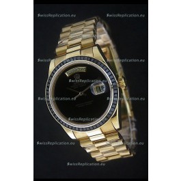 Rolex Day Date Just Japanese Replica Yellow Gold Watch in Black Dial