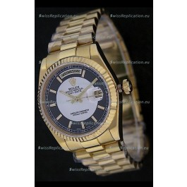 Rolex Day Date Just Japanese Replica Yellow Gold Watch in Black & White Dial