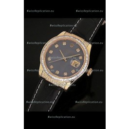 Rolex DateJust Swiss Mens Replica Yellow Gold Watch in Black Mother of Pearl Dial
