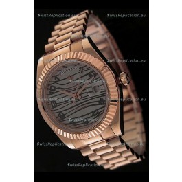 Rolex Oyster Perpetual Day Date Japanese Replica Pink Gold Watch in Waves Pattern Dial