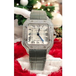 Santos De Cartier Watch in White Dial 39.50MM MOSSANITES Paved Bezel Swiss Replica Watch