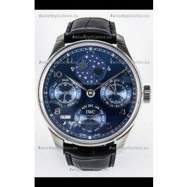 IWC Super Clone Portuguese Perpetual Calendar Stainless Steel Blue Dial Replica Watch 