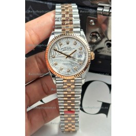 Rolex Datejust Cal.3235 Movement Super Clone Rose Gold 2 Tone 36MM - Silver Fluted Motif Dial