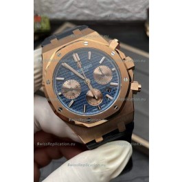 Audemars Piguet Royal Oak Chronograph Rose Gold Blue Dial Leather Strap Swiss Replica Watch